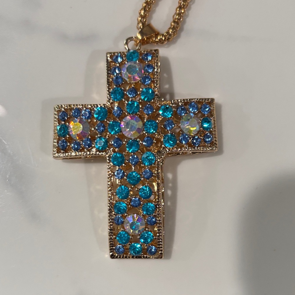 Dazzling Gold and Blue Crystal Cross Necklace